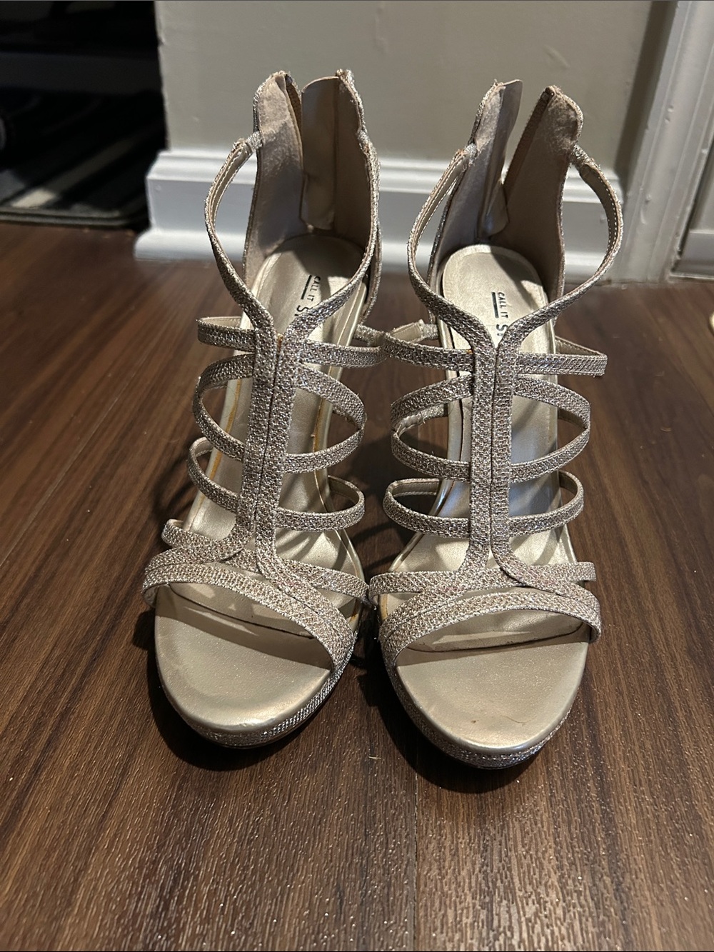 Call It Spring Strappy Sparkle Heels in Metallic Tan